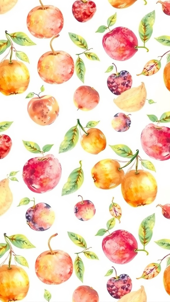 A watercolor pattern featuring various fruits like apples and plums with green leaves.