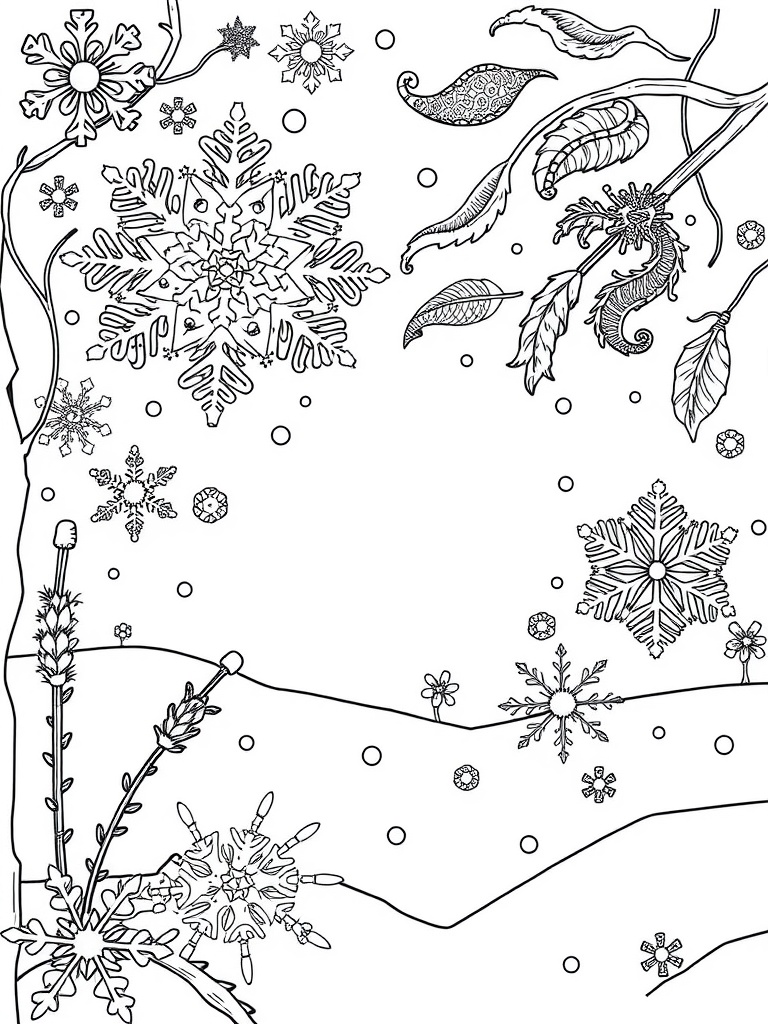 Intricate coloring page design featuring various snowflakes and floral elements.