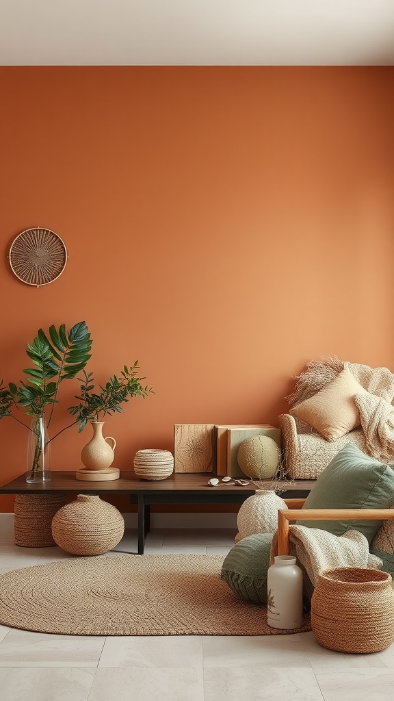 A cozy living space featuring earthy color palettes with terracotta walls and natural decor.