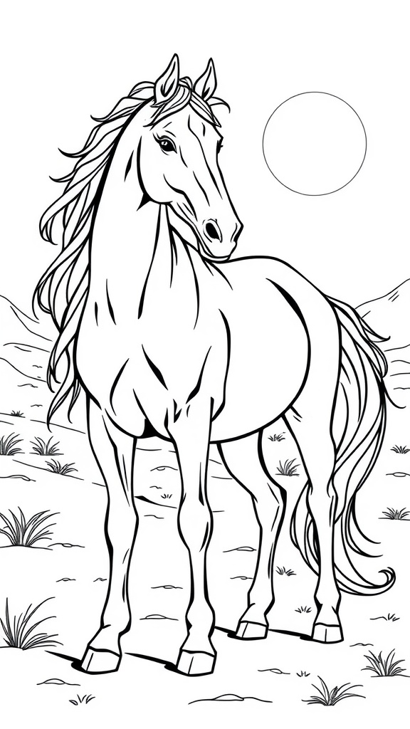 Coloring page of an Arabian horse with a flowing mane and a simple landscape.