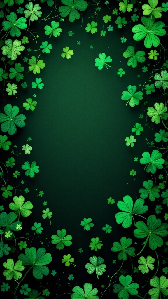 A vibrant pattern of shamrocks on a dark green background