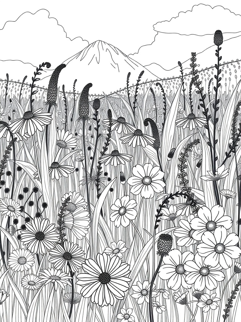 A detailed black and white illustration of a wildflower meadow with various flowers and a mountain in the background.