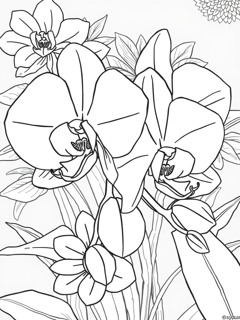 Black and white orchid floral design ready for coloring