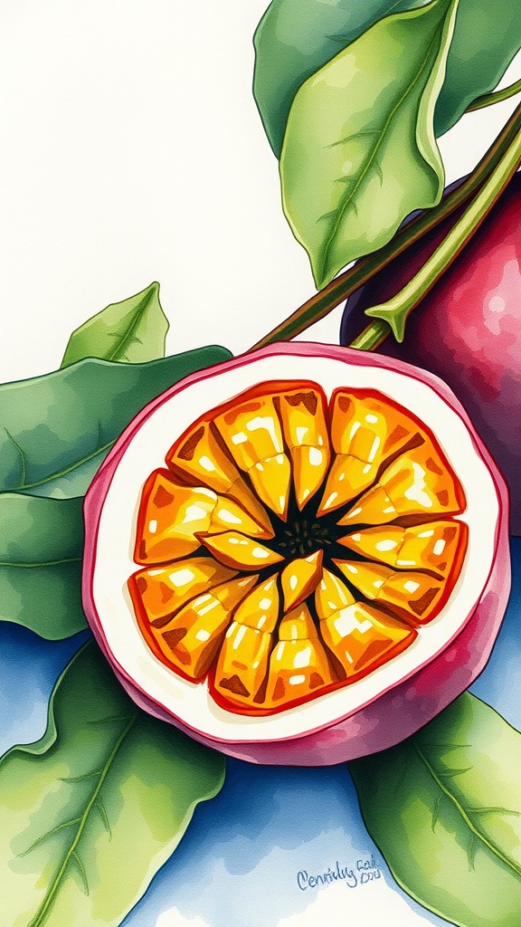 Watercolor illustration of a passion fruit cut in half with bright orange seeds and green leaves.