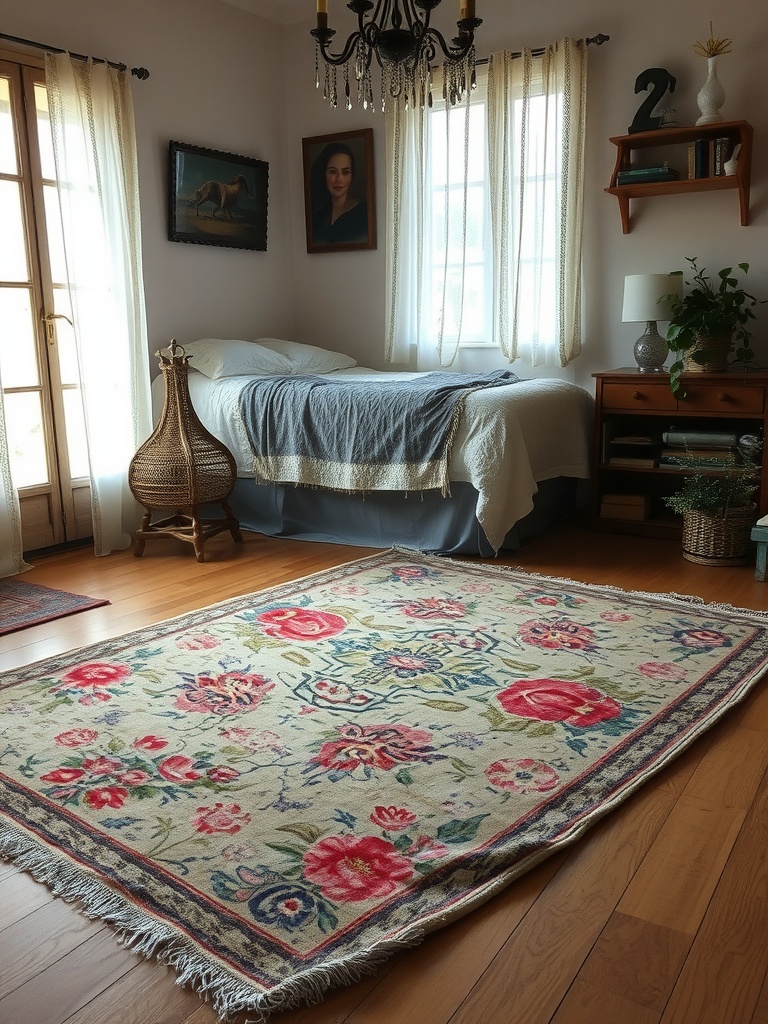 A faded floral vintage rug on wooden floor in a cozy bedroom