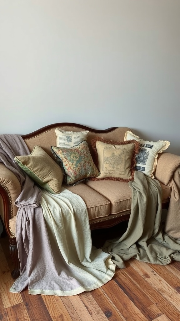 A vintage sofa adorned with faded textiles and patterned pillows.