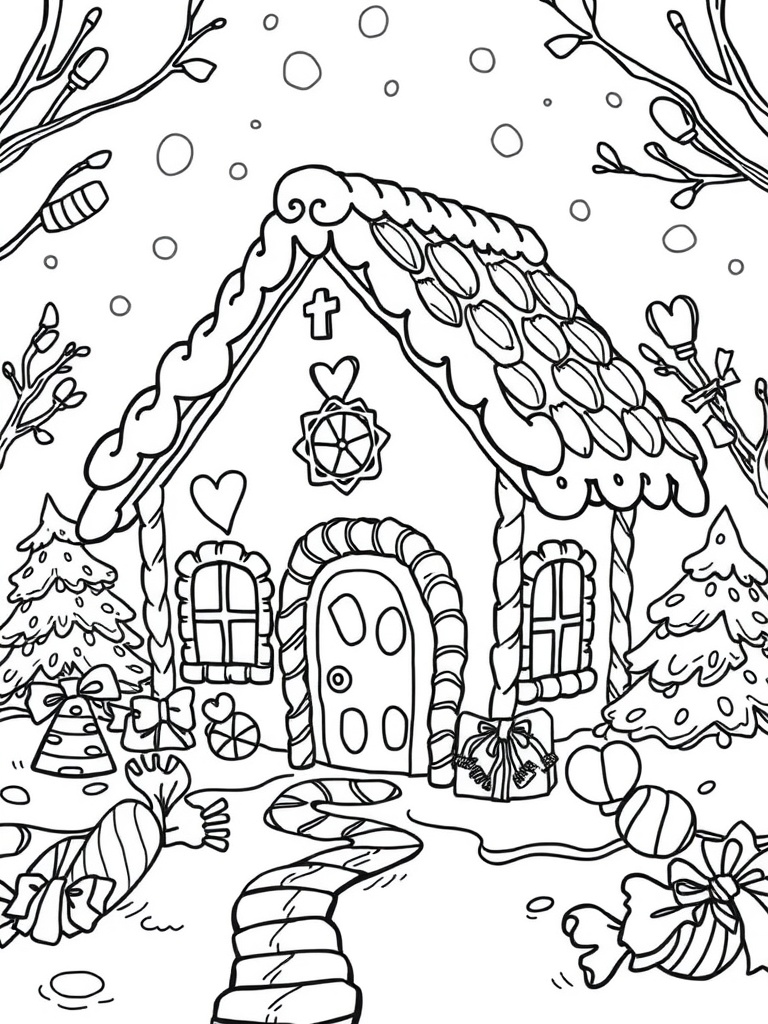 Line drawing of a festive gingerbread house with decorations and snow.