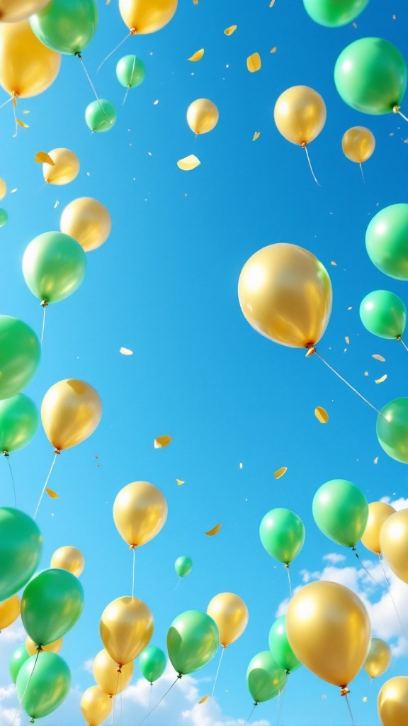 Green and gold balloons floating in a blue sky