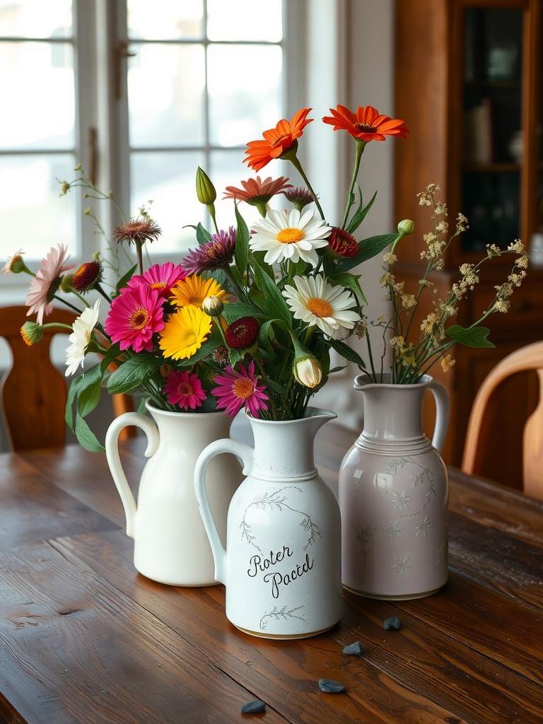 Floral arrangements in vintage jugs on a wooden table.