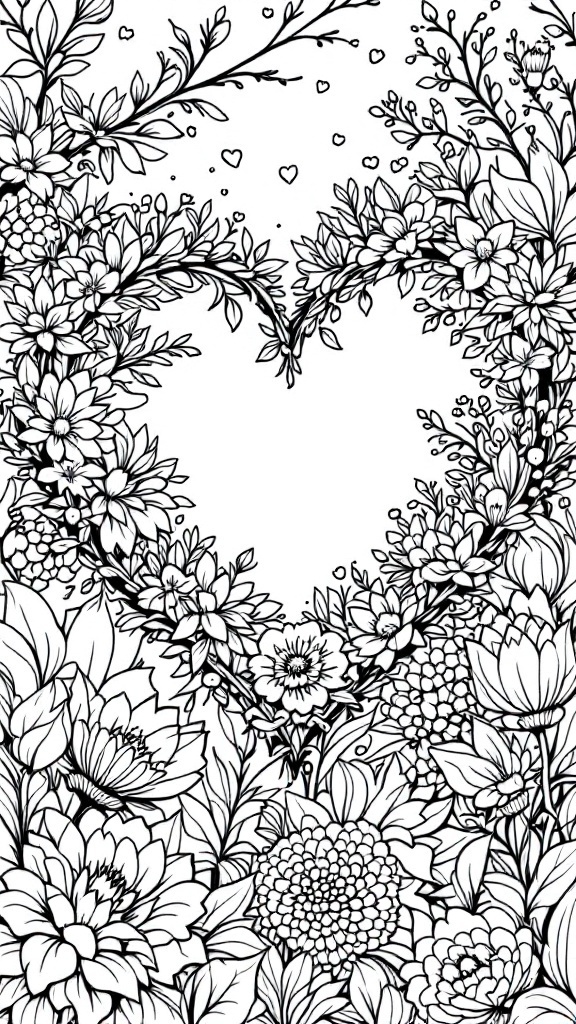 Black and white floral heart pattern for coloring