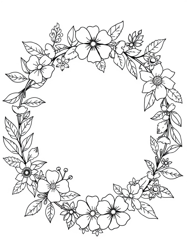 Black and white floral wreath coloring page for adults.