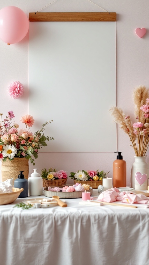 42 Creative Spring Themed Ideas for a First Birthday Celebration 2 A craft station set up for making flower crowns with colorful flowers and decorations.