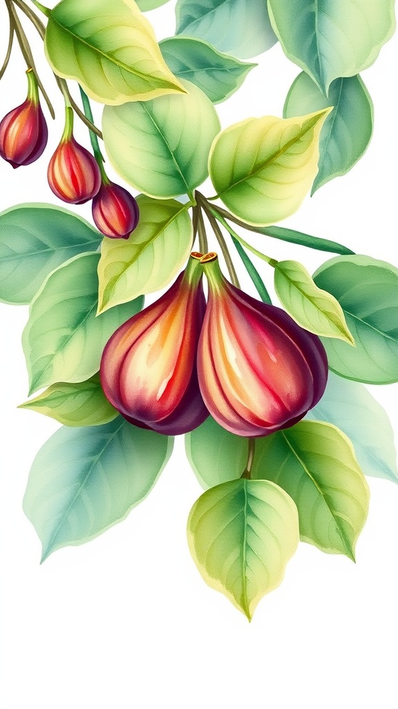 Watercolor illustration of figs and green leaves