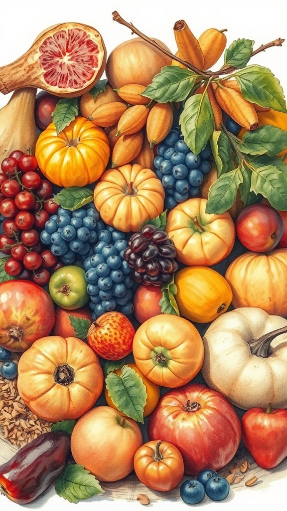 A vibrant watercolor painting of various fruits including apples, pumpkins, and grapes.