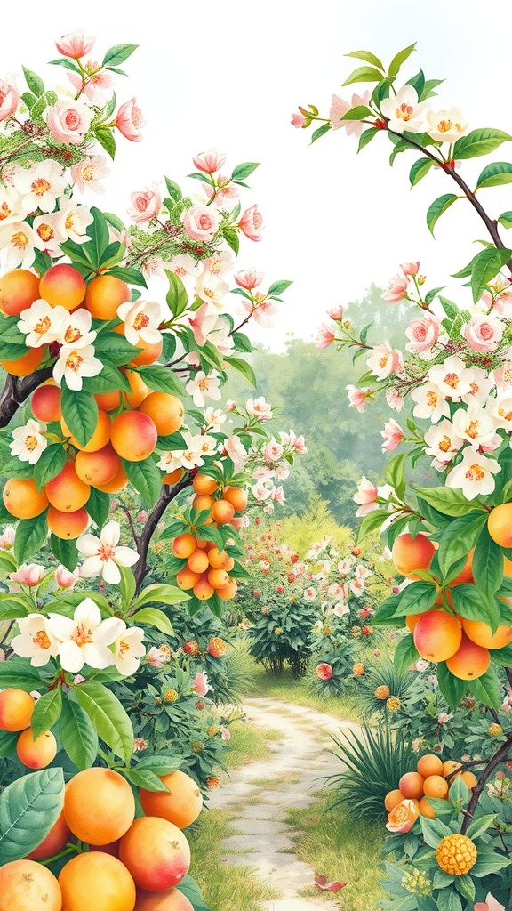 A vibrant watercolor scene of an orchard with orange trees and blooming flowers