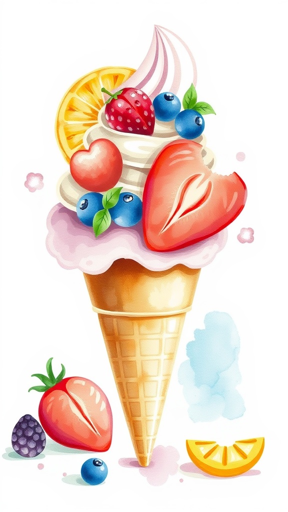 Colorful watercolor illustration of an ice cream cone with fruits.