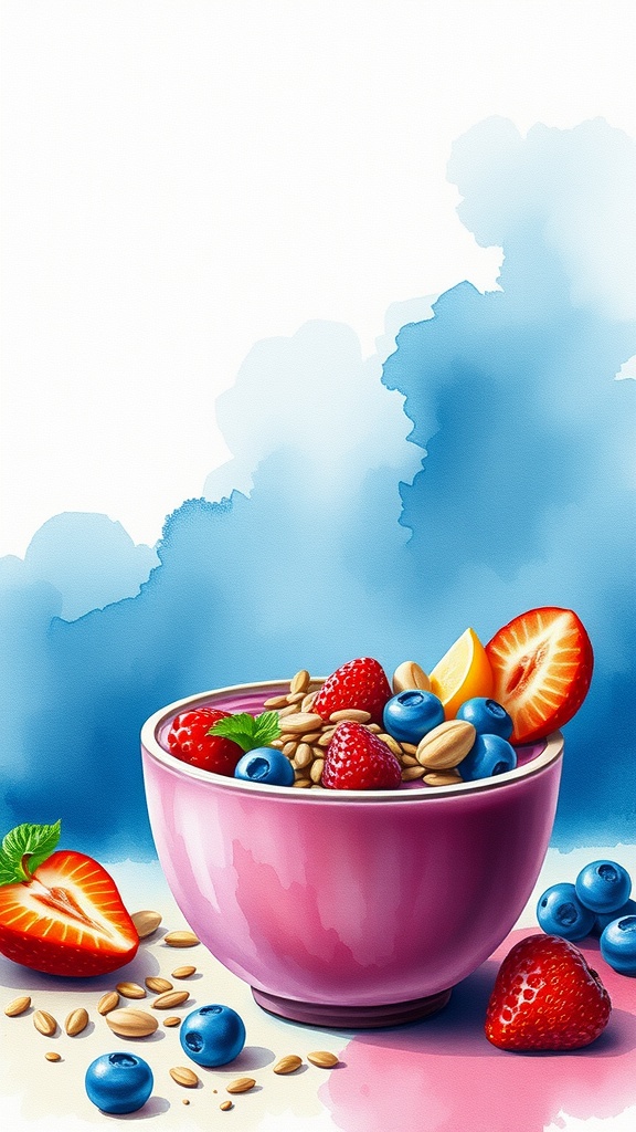 A watercolor illustration of a smoothie bowl filled with strawberries, blueberries, and seeds, set against a blue background.