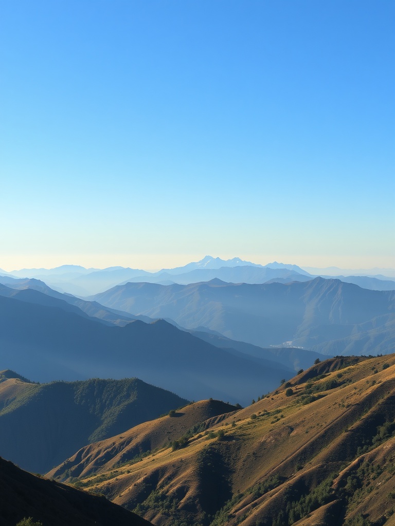 A peaceful view of gentle mountain landscapes with blue skies.