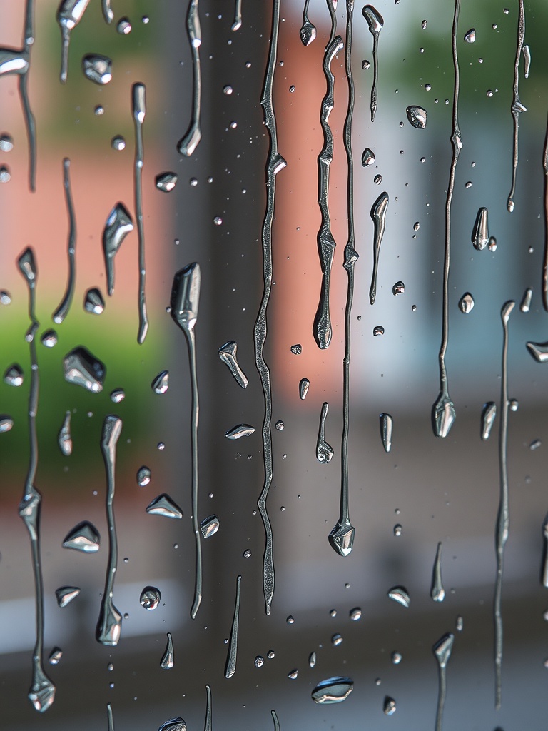 Close-up of rain droplets on a window with a blurred background.