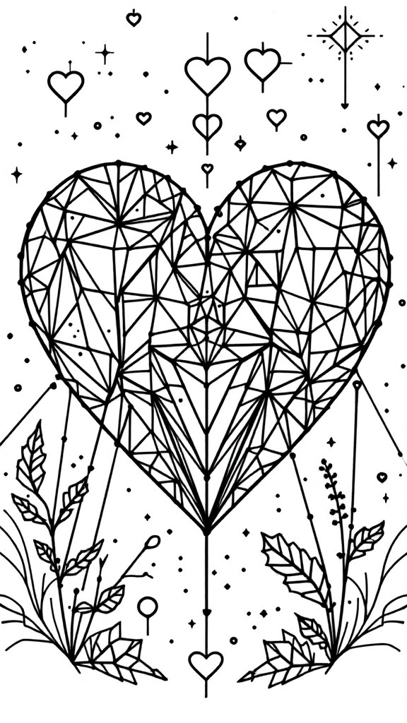 A geometric heart design filled with intricate lines and floral elements.