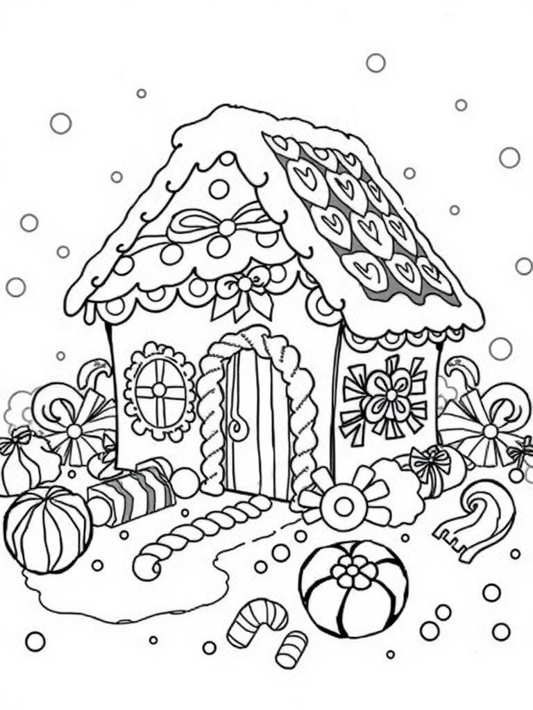 Coloring page of a gingerbread house surrounded by candy and snow