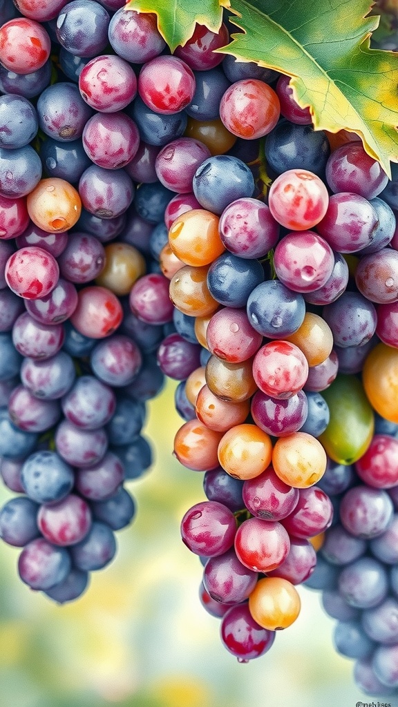 A close-up of glistening grapes in various colors with green leaves.