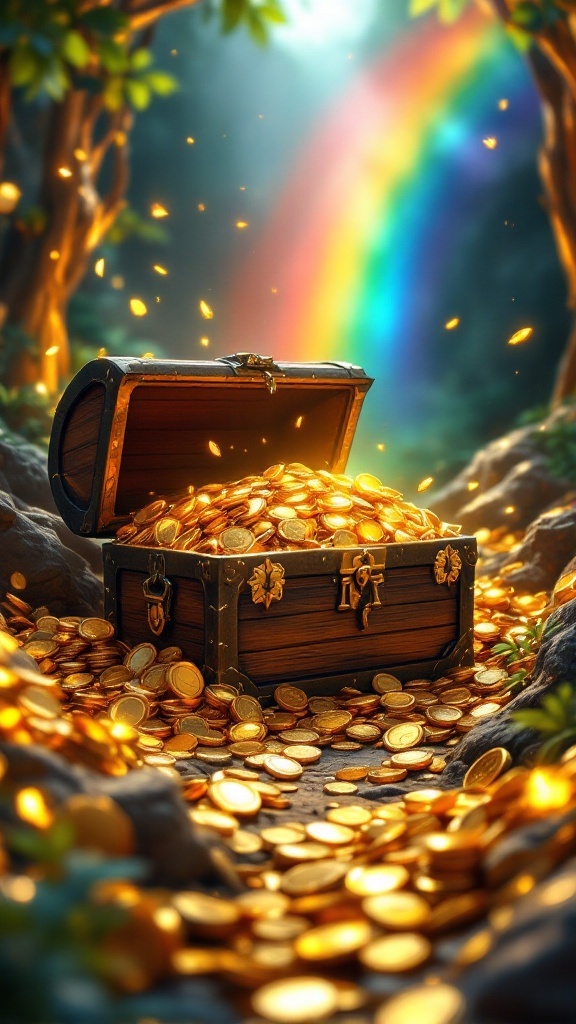 Treasure chest filled with gold coins and a rainbow in the background