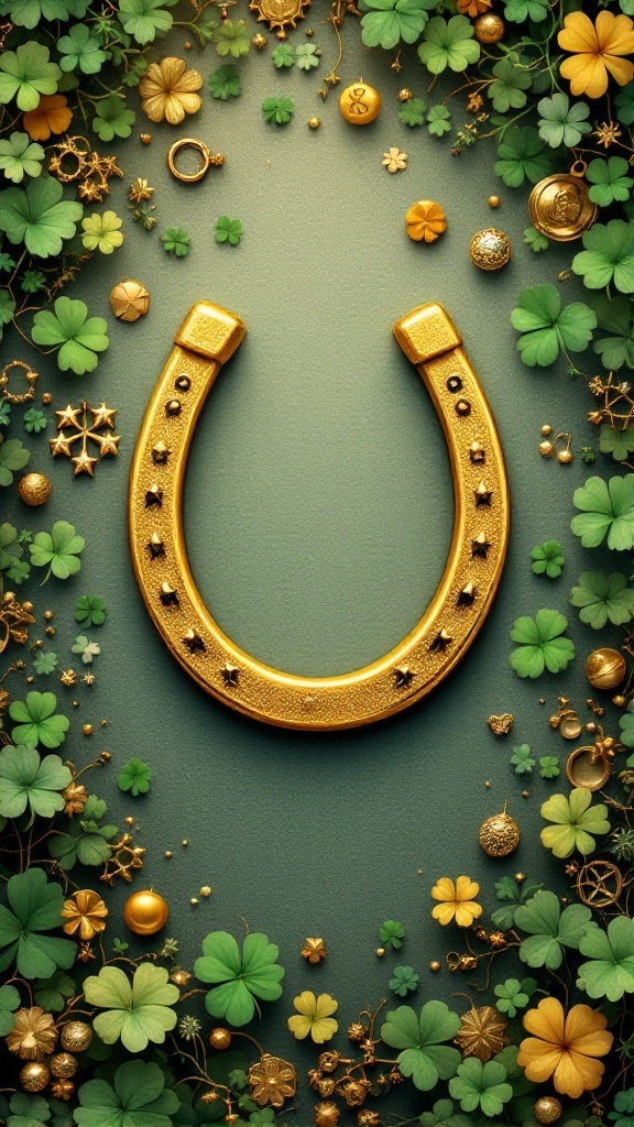 Golden horseshoe surrounded by green clovers and lucky charms