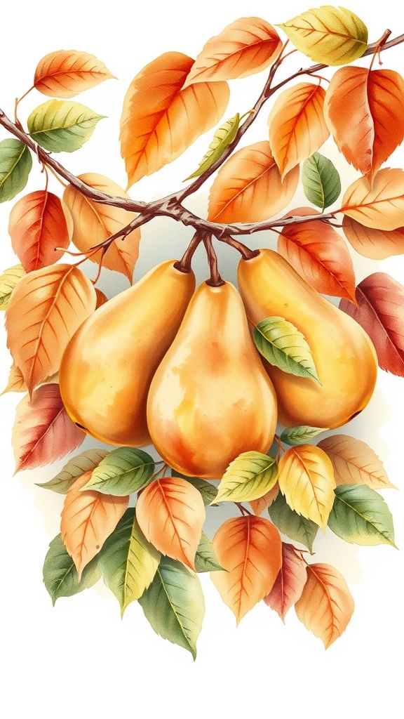 A watercolor illustration of three golden pears surrounded by autumn leaves.