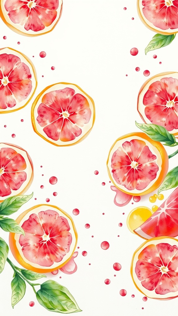 Watercolor artwork of grapefruit slices with leaves and droplets.