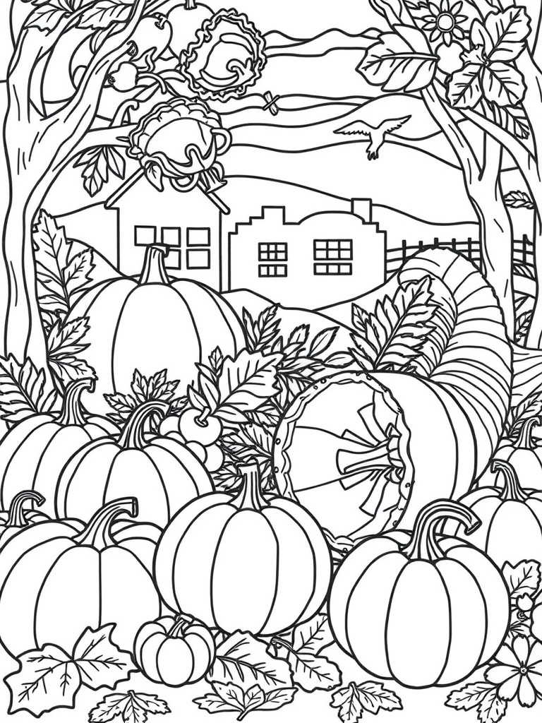 A black and white illustration of pumpkins and a farmhouse surrounded by autumn leaves.