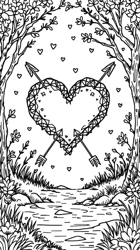 A black and white illustration of a heart pierced by arrows, framed by trees and small hearts.