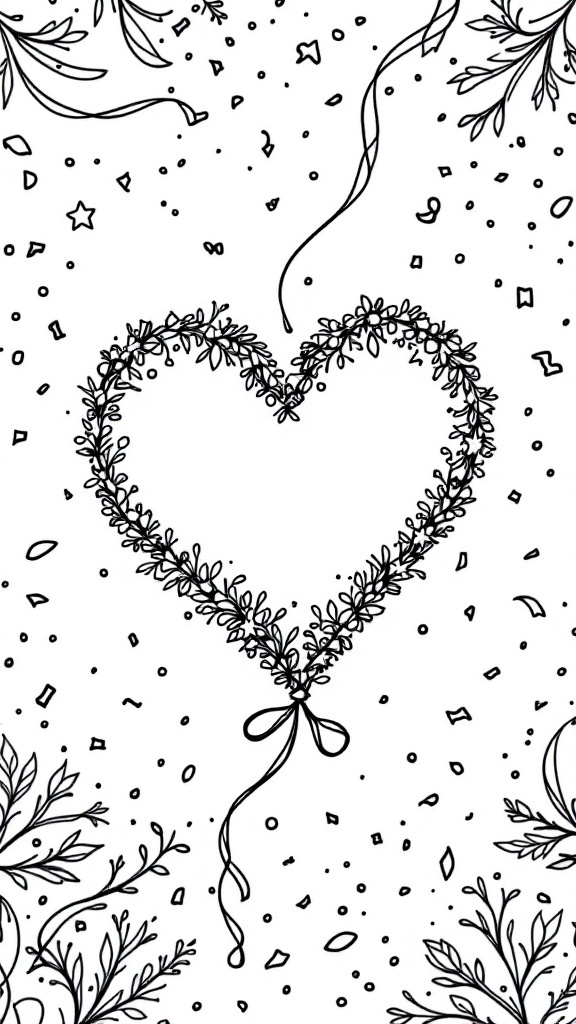 A heart-shaped coloring page with floral decorations and celebration elements.