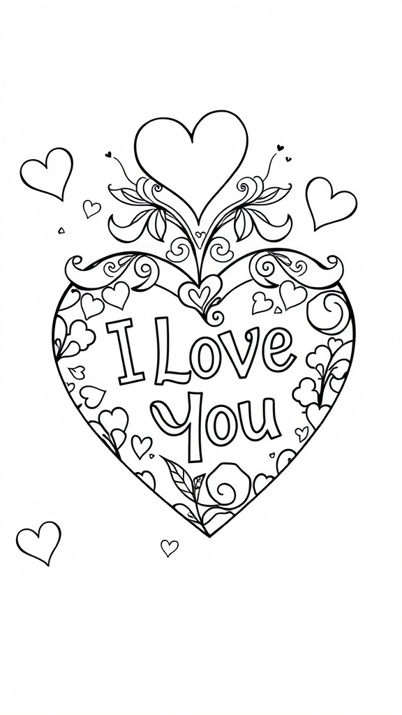 Black and white coloring page of a heart surrounded by flowers and an inspirational quote