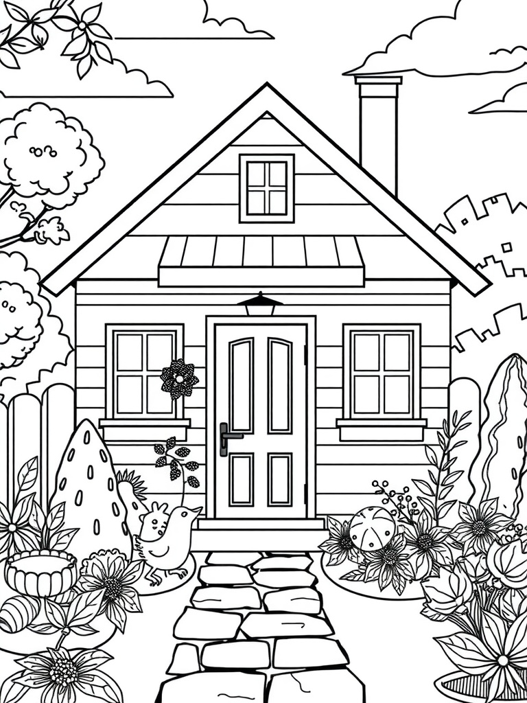 A black and white coloring page of a quaint house with flowers and a chicken in the garden.