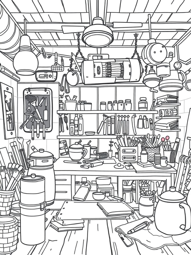 A detailed line drawing of a cozy workshop filled with tools, jars, and art supplies for coloring.