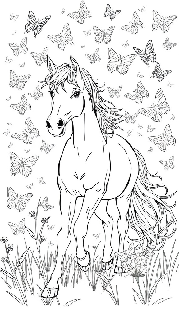 A line drawing of a horse surrounded by butterflies in a grassy field.