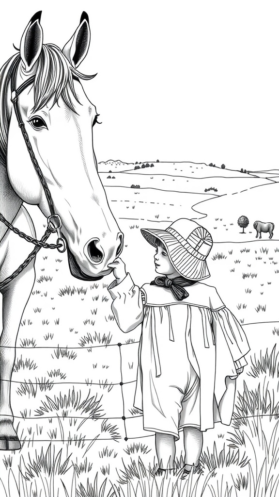 A child reaching out to touch a horse's nose in a grassy field.