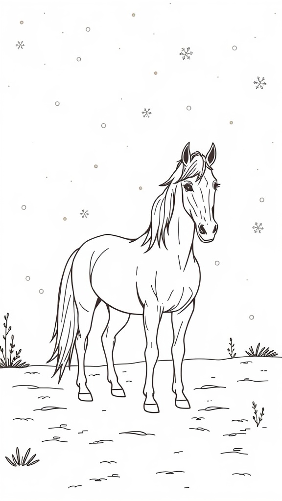 A line drawing of a horse in a snowy landscape with snowflakes falling