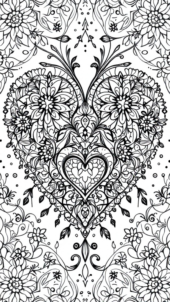 Intricate heart mandala coloring page, featuring detailed floral designs.