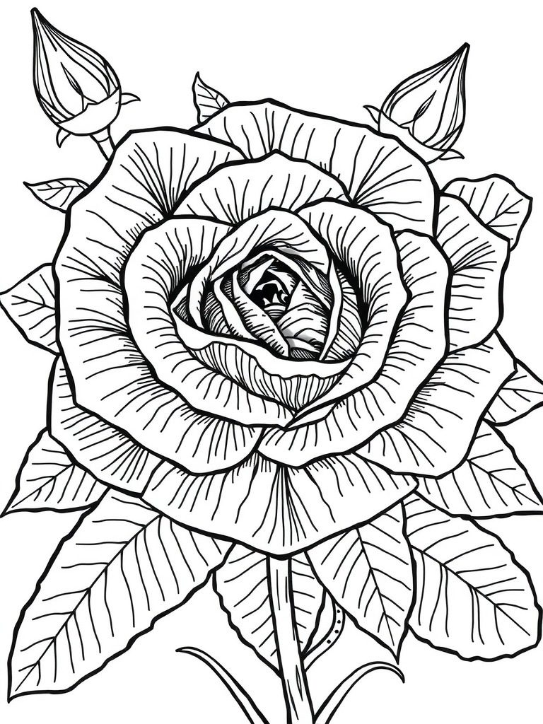 Intricate rose coloring page with detailed petals and leaves