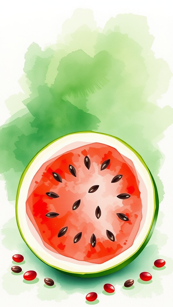 A watercolor illustration of a watermelon slice with a green background.