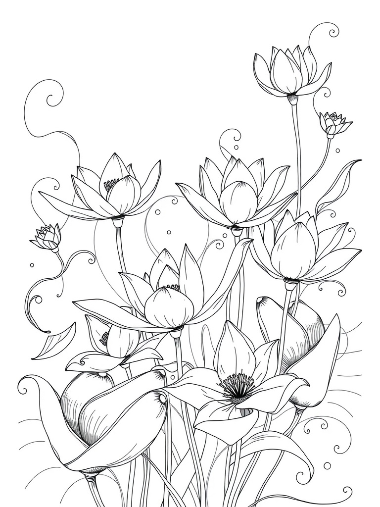 Intricate line art of lilies and lotuses designed for coloring