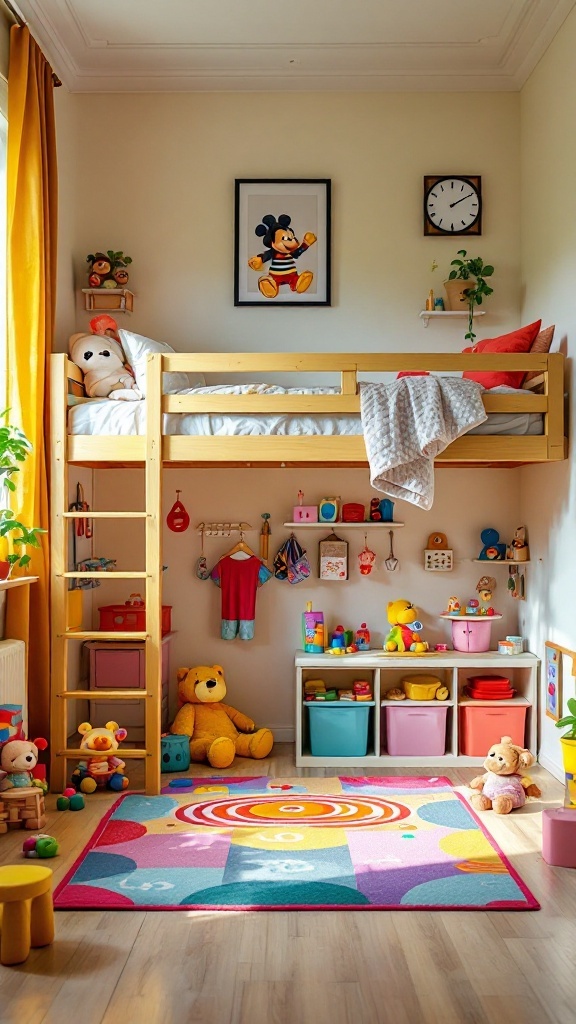 Loft bed with a colorful play area filled with toys and a bright rug.
