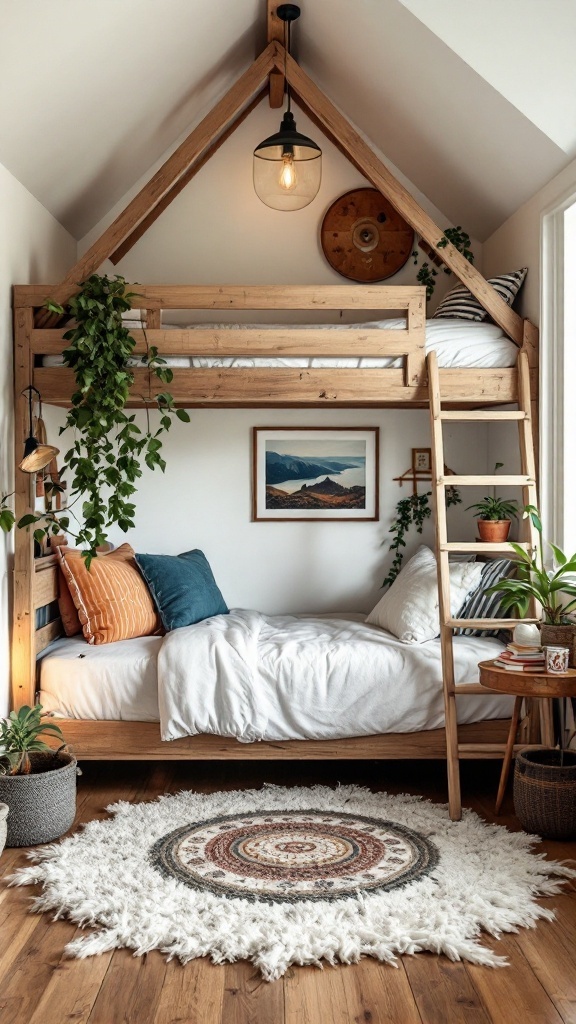 A cozy loft bed with vintage accents, featuring a raised sleeping area and study nook beneath.