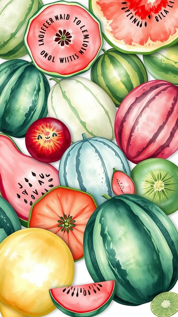 A vibrant collection of different melons and fruits in a watercolor style.