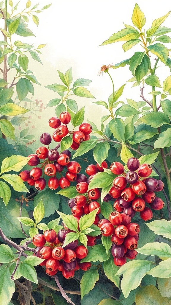 Watercolor image of berries and green leaves