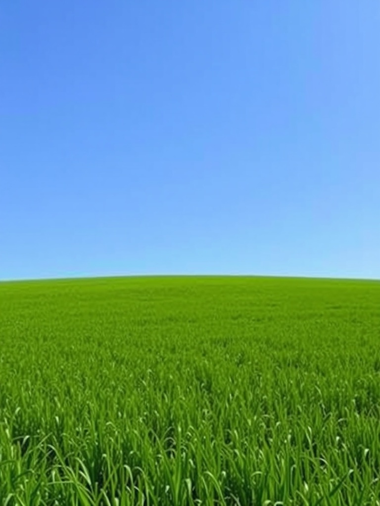 A vast green field under a clear blue sky.