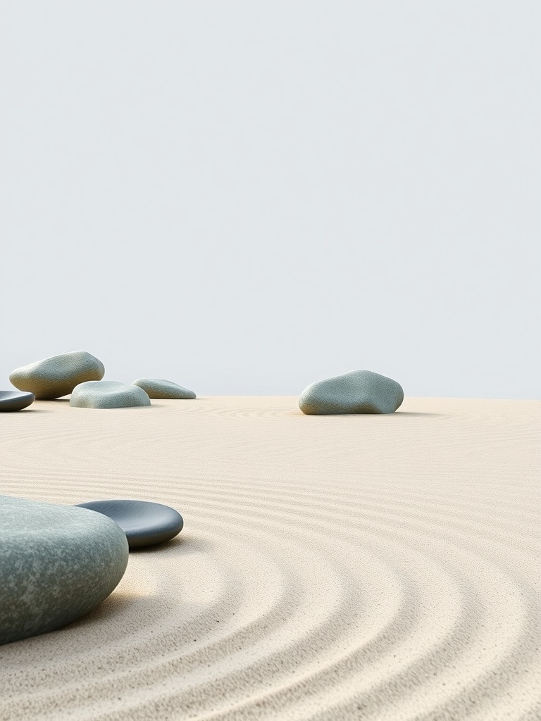 A minimalist zen garden with smooth stones and raked sand.