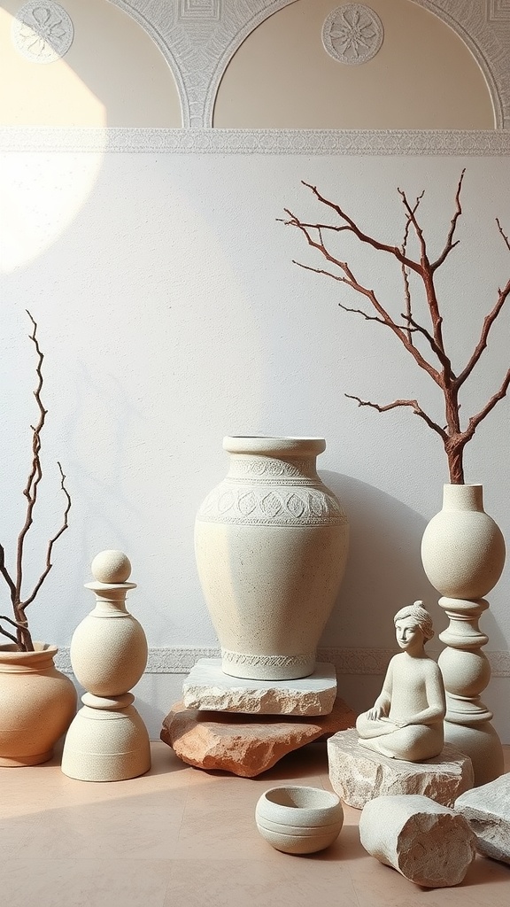 A collection of stone and clay decor elements, including vases and sculptures, arranged together.
